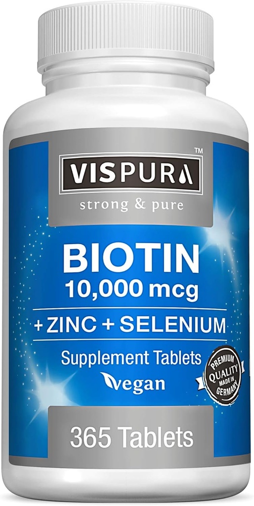 Biotina 10000 mcg + Zinc + Selenium, Puro, Vegan & Extra Strong, Mejor Suplemento para el Crecimiento del Pelo, Esquía de Glowing, uñas fuertes*, 365 Tabletas para 12 meses, Natural Sin Aditivos