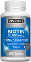 Biotina 10000 mcg + Zinc + Selenium, Puro, Vegan & Extra Strong, Mejor Suplemento para el Crecimiento del Pelo, Esquía de Glowing, uñas fuertes*, 365 Tabletas para 12 meses, Natural Sin Aditivos