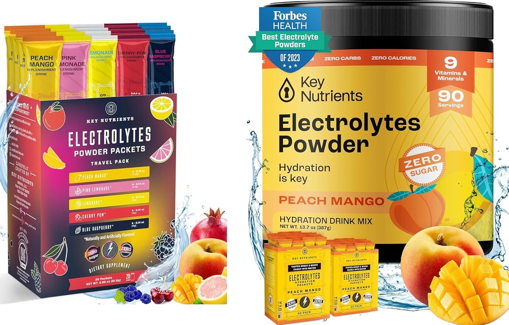KEY NUTRIENTS Ultimate Hydration & Multivitamin Duo: 20-Pack Variety 5 Sabores + 90-Serving Tropical Peach Mango Electrolytes Powder