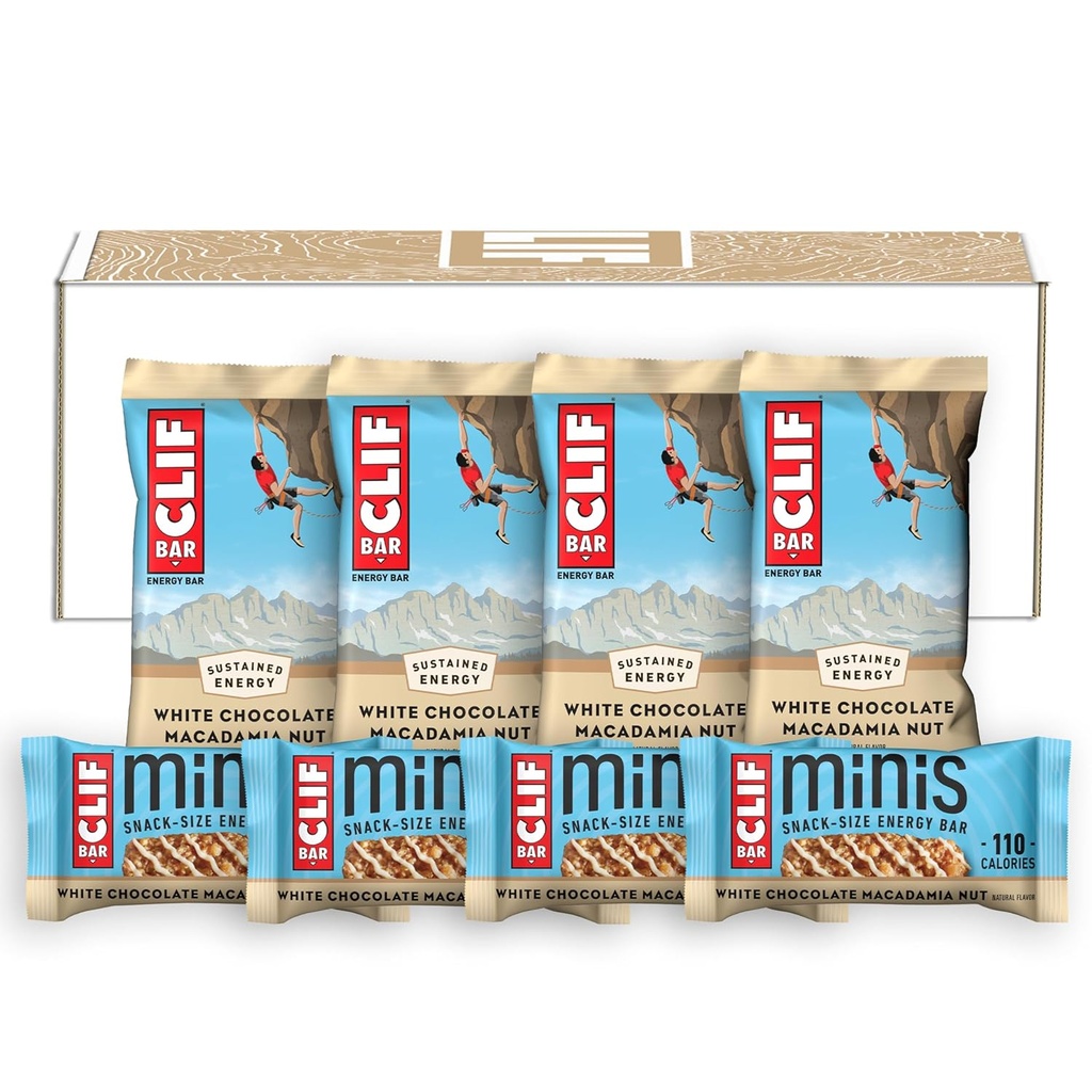CLIF BAR - Chocolate blanco Macadamia Nut Flavor - Tamaño completo y Mini Bares de Energía - Hecho con avena orgánica - No GMO - Planta de base - 2.4 oz. y 0.99 oz. (20 conteo)