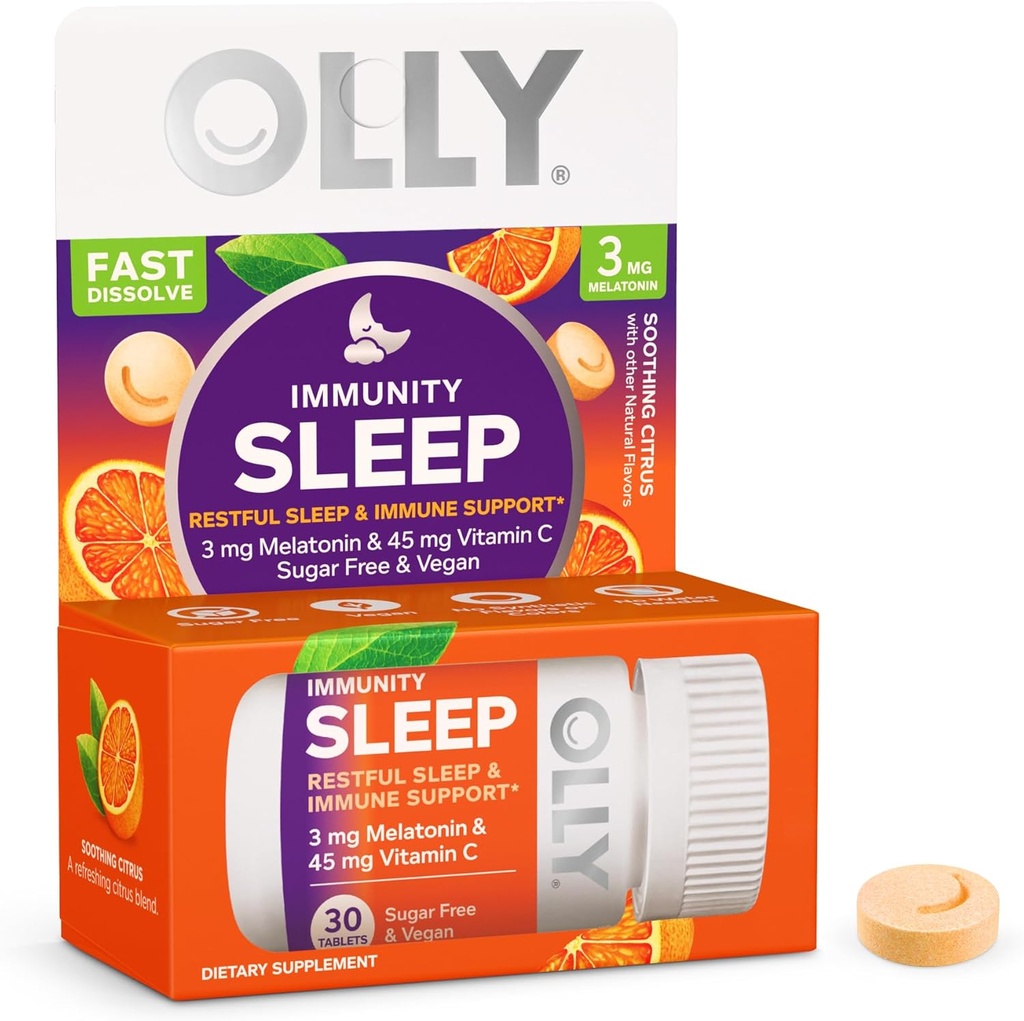 OLLY Immunity Sleep Fast Dissolves, 3mg Melatonin, Vitamina C, Citrus Flavor, 30 Day Supply - 30 Count