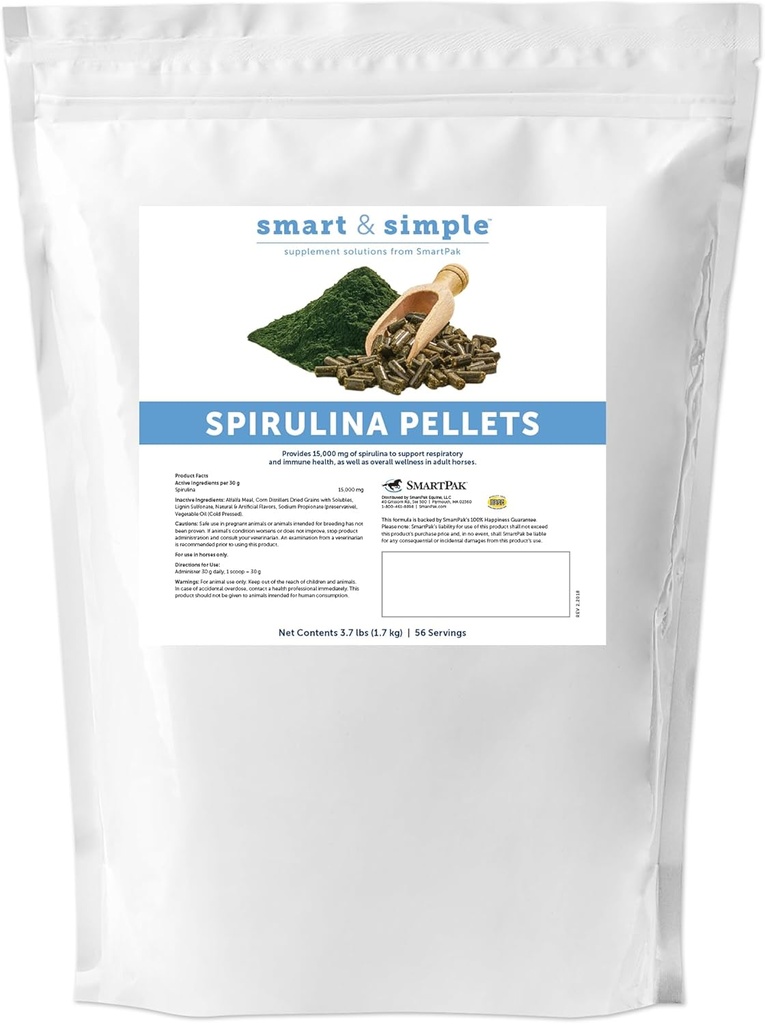 Smart &amp; Simple Spirulina Pellets para Caballos TENIDO Apoyo inmunitario, Suplemento respiratorio para Caballos TENIDO Conveniente y Tasty Apple Banana Flavor ANTE 56 Servimientos Ø 3.7 lb Bag