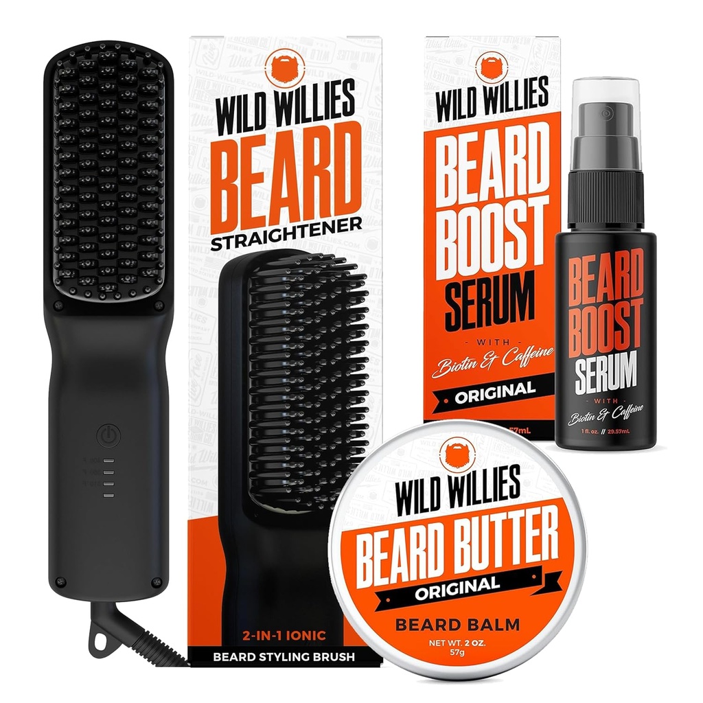Kit de cuidado de barbas salvajes: Heated Beard Straightener for Men, Beard Butter, " Beard Growth Serum - Ultimate Grooming Tool Set, Beard Balm, Hydrating Serum, Hot Comb Beard Brush for Daily Use