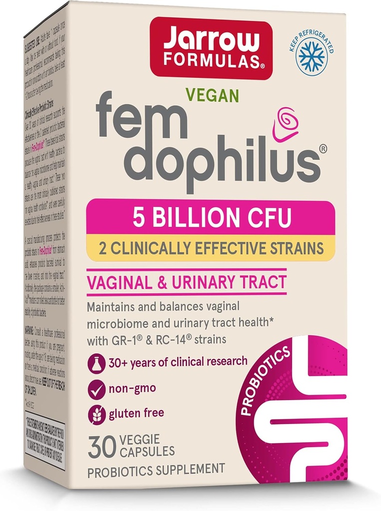 Fórmulas de Jarrow Fem-Dophilus - 5 millones CFU Por Serving - Suplemento Probiótico de Mujeres - Salud de Vaginal de Tracto urinario - Hasta 30 Servimientos (Veggie Caps)