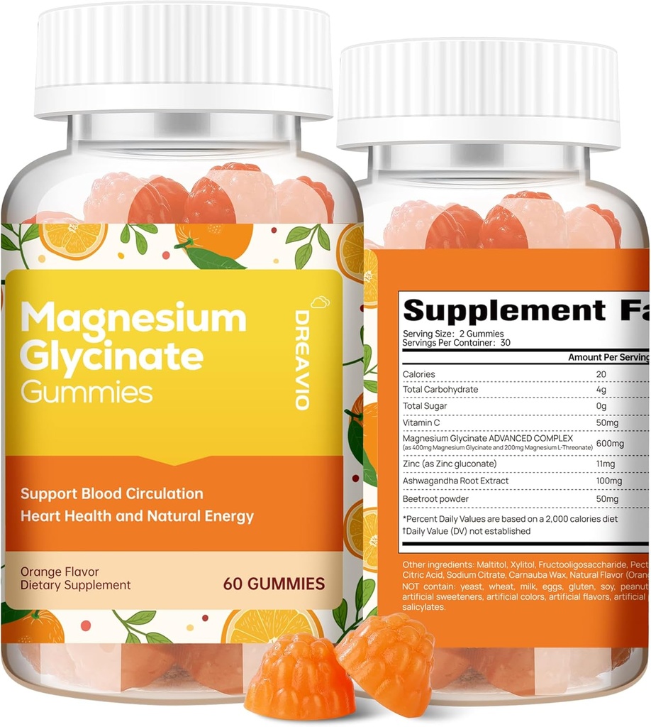 60 Conde Magnesium Glycinate Gummies 400mg w/Ashwagandha Suplemento - Sugar Free Zinc Magnesium Glycinate Suplemento Ashwagandha Gummies para adultos