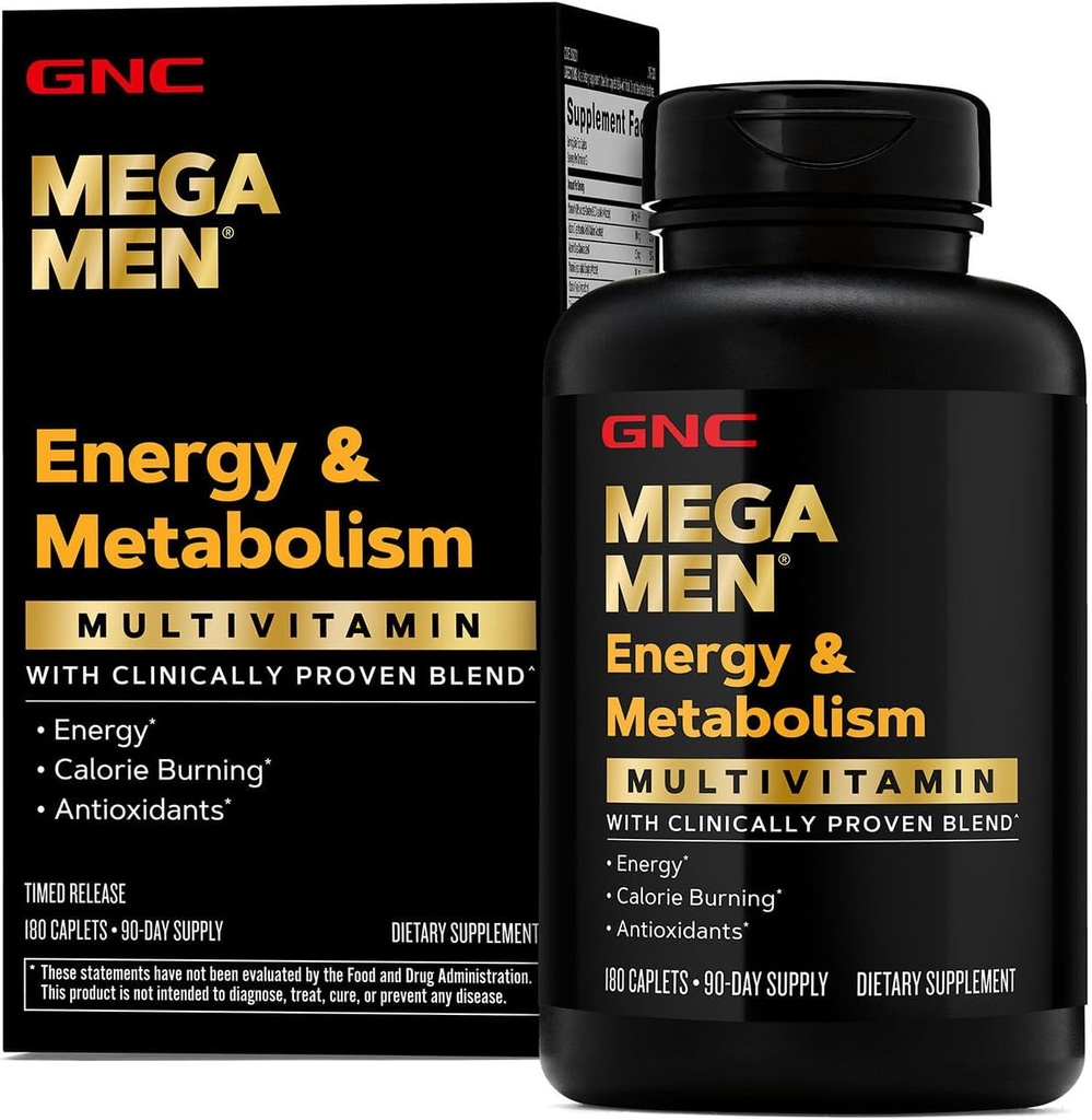 GNC Mega Men Energy &amp; Metabolism Multivitamin Caplets, clínicamente probado para sentirse mejor, Calorie Burn, Focus, 100mg Caffeine, Thermogenic, Immune, B Vitaminas, Timed Release, 180 Cuenta, 90 Day Supply