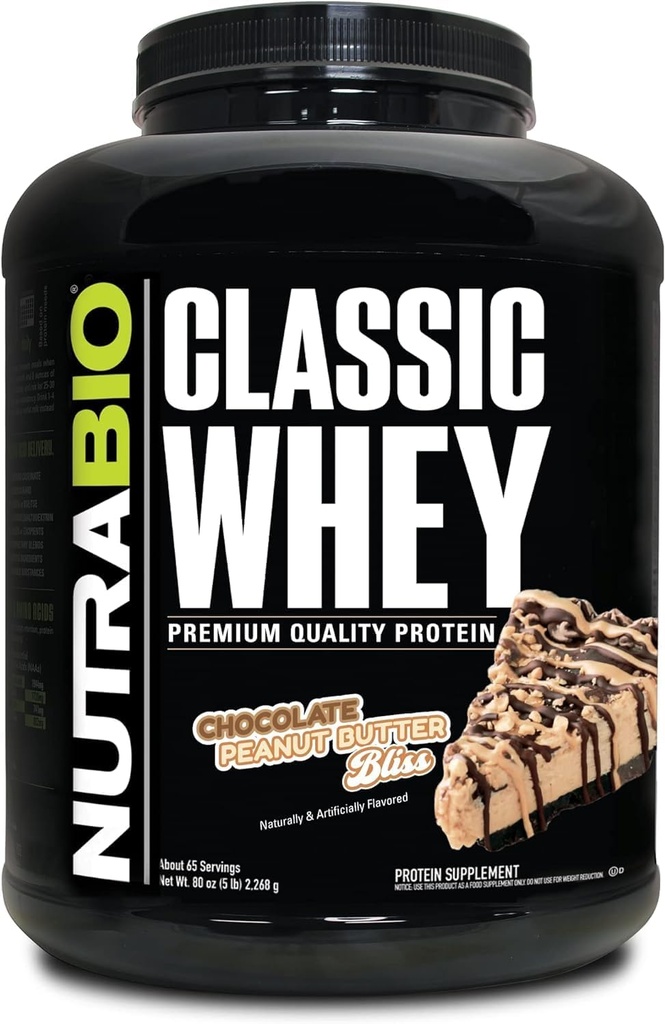 NutraBio Classic Whey Protein Powder- 25G Protein Por Scoop -No Fillers, Colores Artificiales, Preservadores - Indice bajo de Glicemia - (Chocolate Peanut Butter, 5 libras)