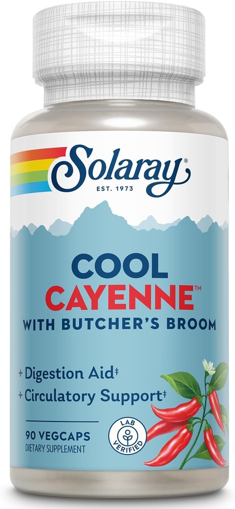 SOLARAY Cool Cayenne Pepper 40,000 HU con Carniceros Broom for Healthy Circulation Support Silencio 90 VegCaps