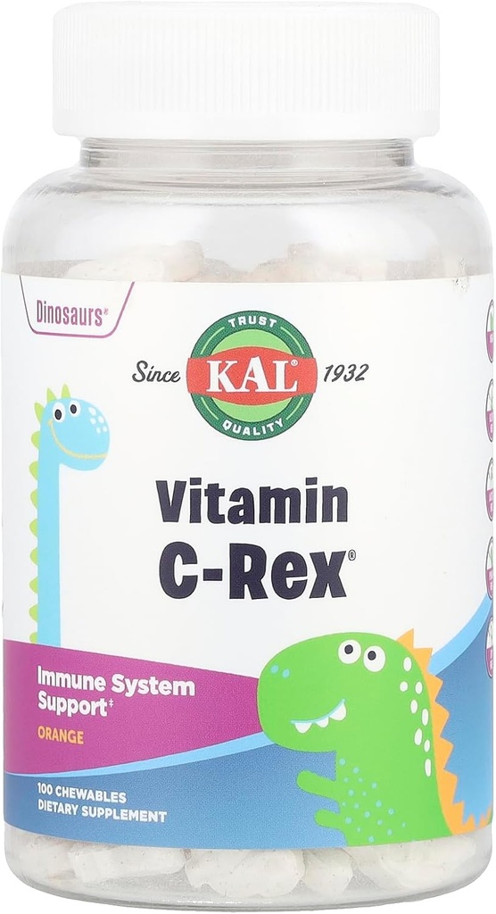 KAL C-Rex Chewable Vitamina C para niños, Immune Support Suplemento con Bioflavonoids de Rose HIPS, Rutin & Acerola, Tasty Orange, Fructose Free, Chewable Tablets