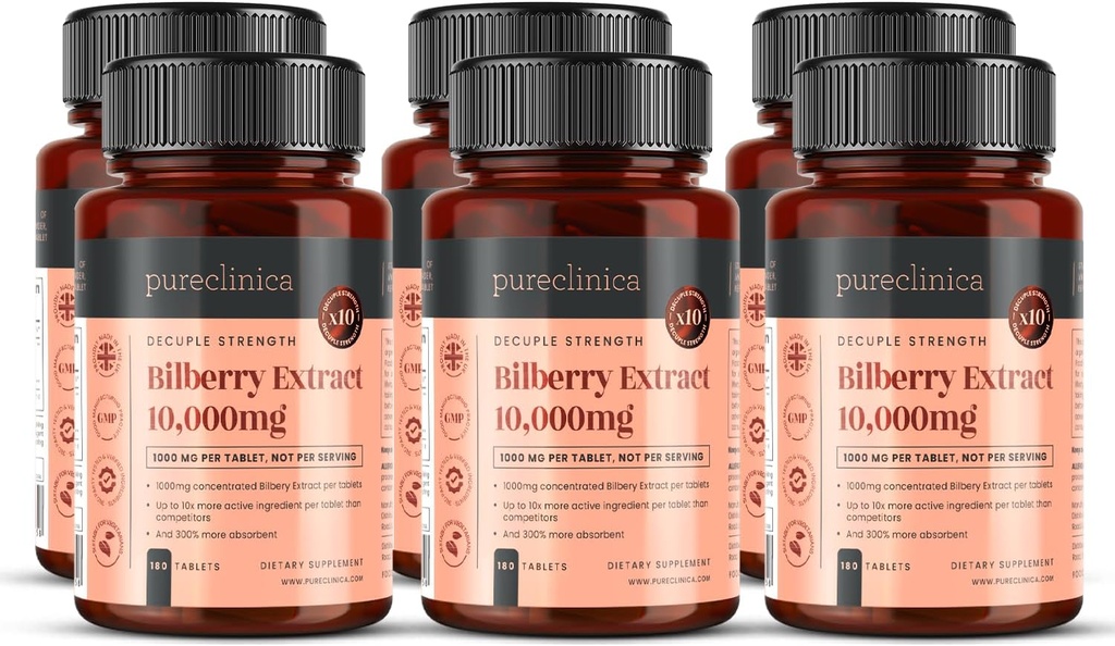 purclinica Bilberry Extract 10,000mg x 1080 Tablets (6 Botellas de 180) - 10 X Más anthocyanidins