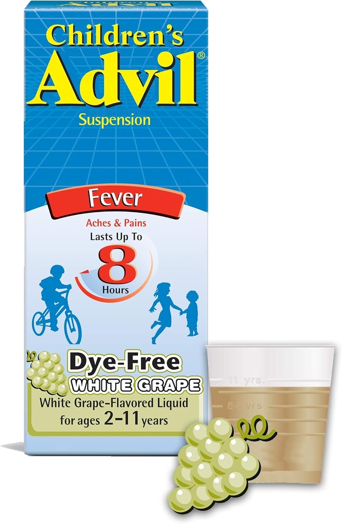 Alivio de dolor líquido Advil para niños Medicina y Reductor de fiebre, 100 Mg Ibuprofeno para niños de edad 2-11, White Grape - 4 Fl Oz