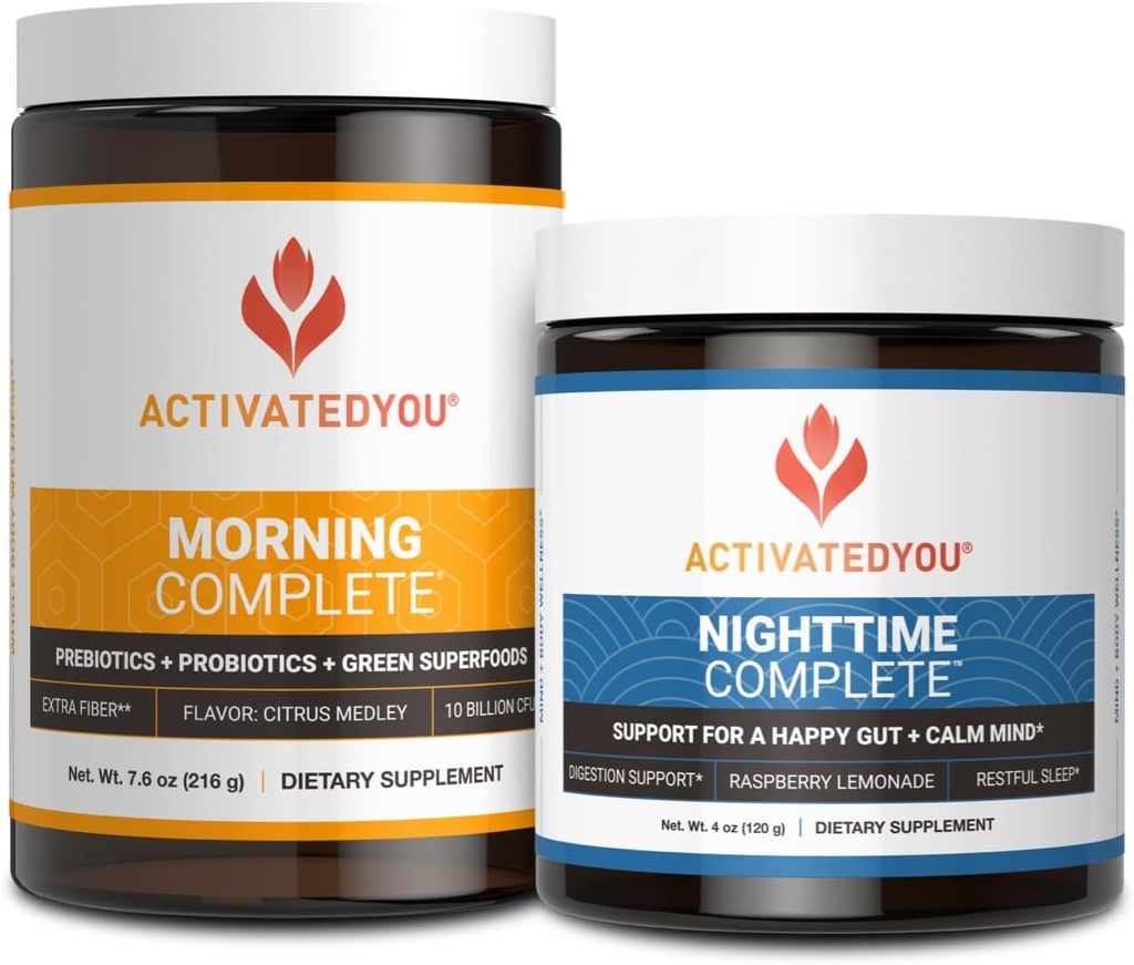 ACTIVATEDYOU Morning Complete Prebióticos, Probióticos y Superalimentos Verdes (Citrus Medley) " Nighttime Complete, Ashwaghanda (Raspberry Lemonade), 30 Servimientos