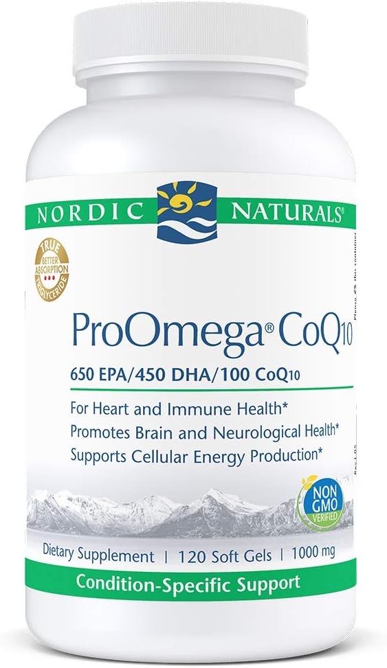 Nordic Naturals ProOmega CoQ10 - Fish Oil, 650 mg EPA, 450 mg DHA, 100 mg CoQ10, promueve la salud neurológica y la producción de energía celular*, 120 geles blandos