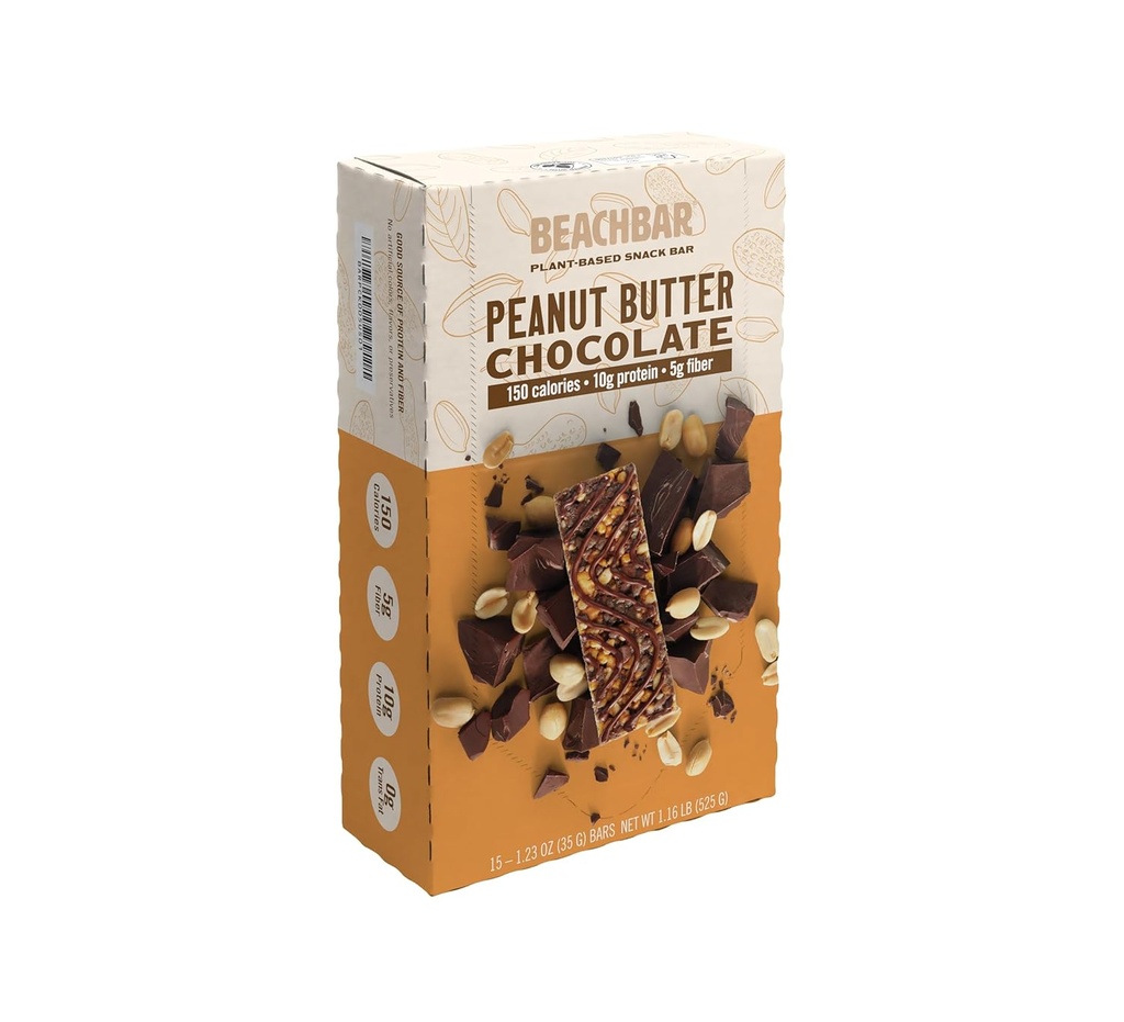 BODi BEACHBAR Chocolate con mantequilla de maní de base vegetal – Proteína Rich Vegan Snack Bar, Gluten-Free, Low Glycemic Index, 10g Protein, 150 Calories, 15 Bares por caja
