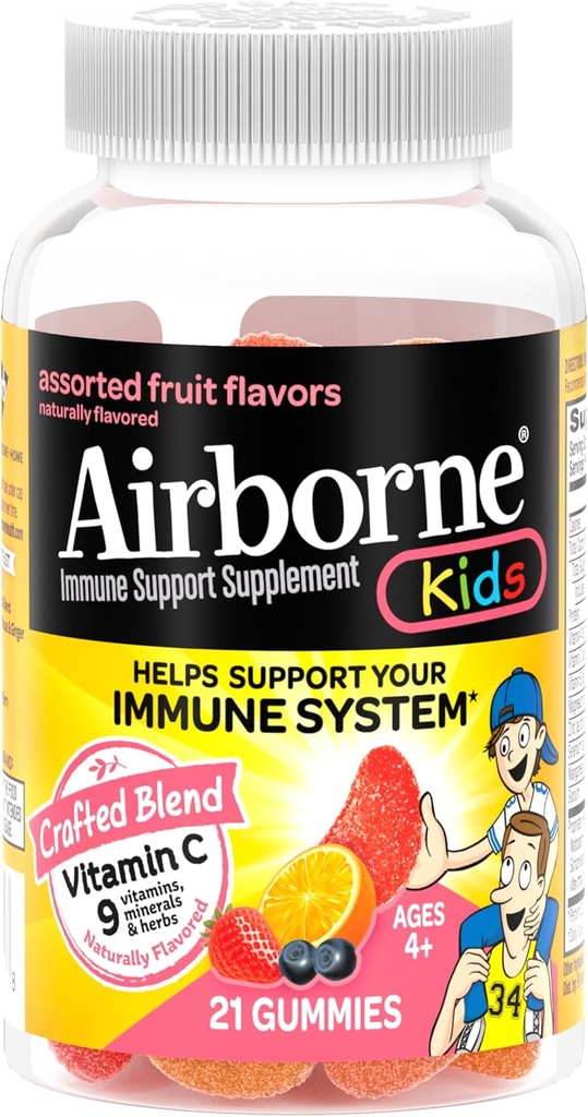 Vitamina C 500mg (por servicio) Los niños surtidos de frutas saboreados Gummies (21 Cuenta en una botella), Gluten-Free Immune Support Suplemento con vitaminas A C E, Selenium, Echinacea &amp; Ginger