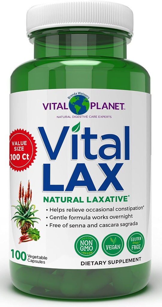 Vital Planet - Vital Lax Natural Laxative Cleanse Supplement for Occasional Constipation, con Magnesium Hydroxide, Slippery Elm, Aloe, y Triphala para soportar la regularidad del intestino 100 cápsulas