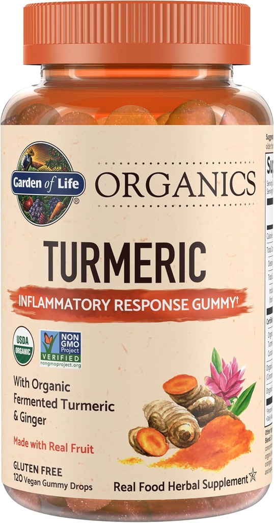 Garden of Life Organics Turmeric Inflammatory Response Gummy - 120 Real Fruit Gummies for Kids &amp; Adults, 50Mg Curcumin (95% Curcuminoids), No Añadido Sugar, Organic, Non-GMO, Vegan &amp; Gluten Gratis
