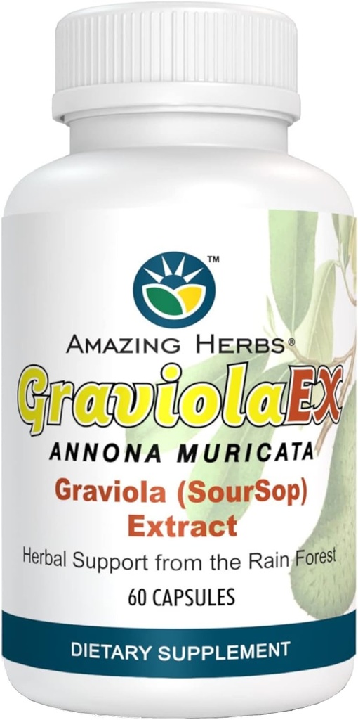 Herbs Increíble GraviolaEX Anona Muricata - 100% Puro Graviola (Soursop) Extracto, Salud Natural del Bosque Lluvioso, Suplemento dietético Herbal - 60 Cuenta (Pack of 1)