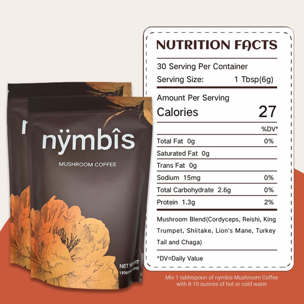 nymbis Mushroom Coffee | Ground Coffee with 7-Mushrooms Blend (Cordyceps, Lion's Mane, Reishi, Chaga, Maitake, Shiitake, Turkey Tail) | INSTANT COFFEE | 30 Servings