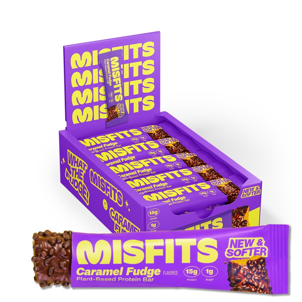 Misfits Vegan Protein Bares, Caramel Fudge - Actualizado Receta Silencioso Planta Basado, Bajo Azúcar &amp; Carb, High Fiber Snacks ← Pack of 15