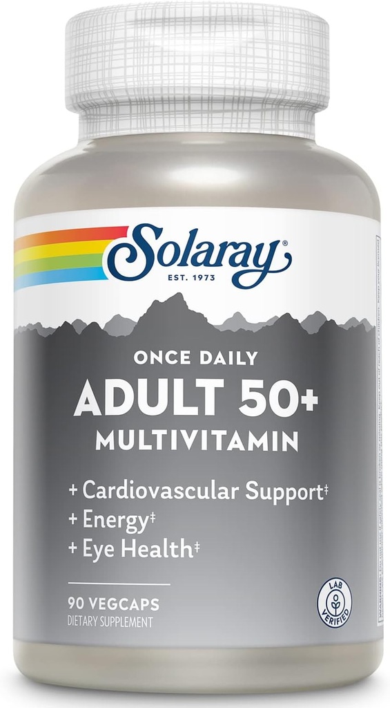 Solaray Una vez Adulto Diario 50+ Multivitamínico Completo para Hombres Mujer, Vitaminas Esenciales " Minerales Chelated para Energía Saludable, Corazón, Cerebro " Apoyo Inmunitario, Con CoQ10 " Lutein, Iron Gratis, 90 VegCaps