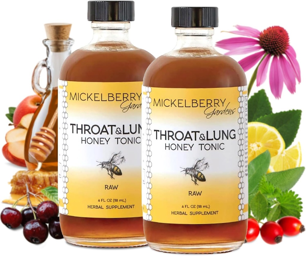 Mickelberry Gardens Throat & Lung Honey Tonic: Wellness Syrup, Natural Sore Throat Relief, Immune Support &amp; Cough Suppressant for Adults &amp; Kids (4 oz, 2 Pack)