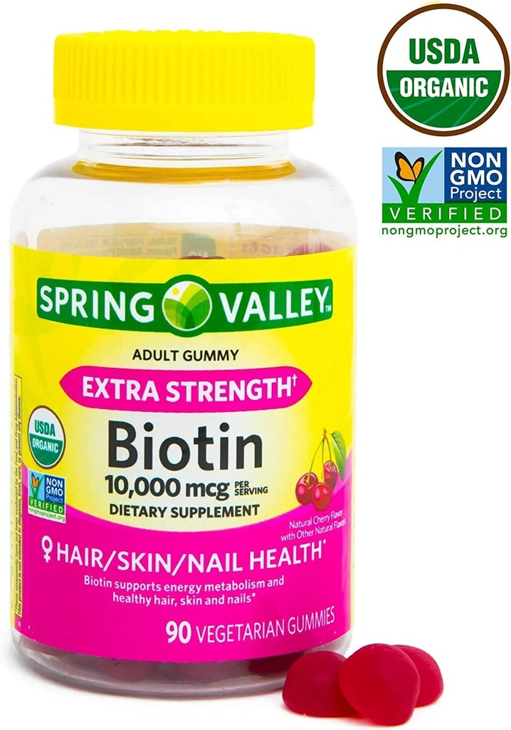 Spring Valley Biotin 10,000mcg Vegetarian Gummy Suplemento, 90ct +Mejor Guía Vitaminas Suplementos