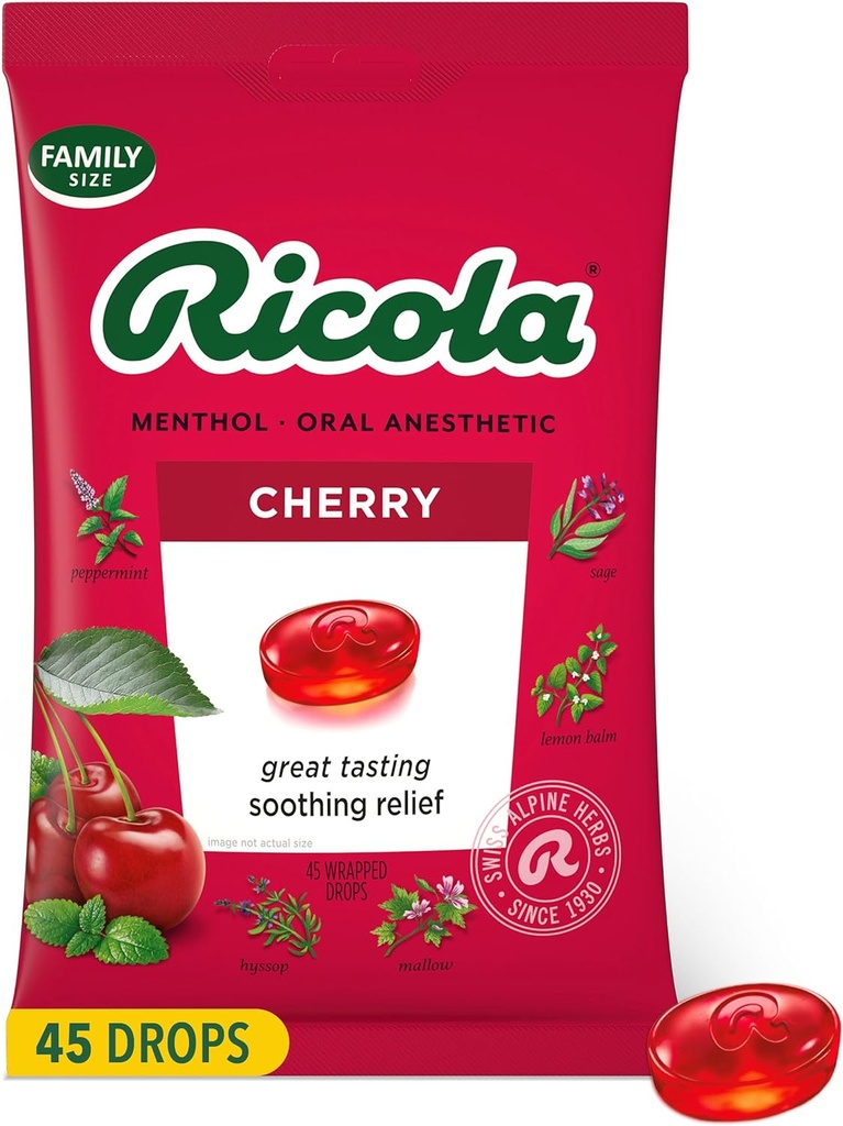 Ricola Cherry Throat Drops, 45 Conde, Daily Drops For Delicious Throat Refreshment, Oral Anesthetic, Naturally Flavored