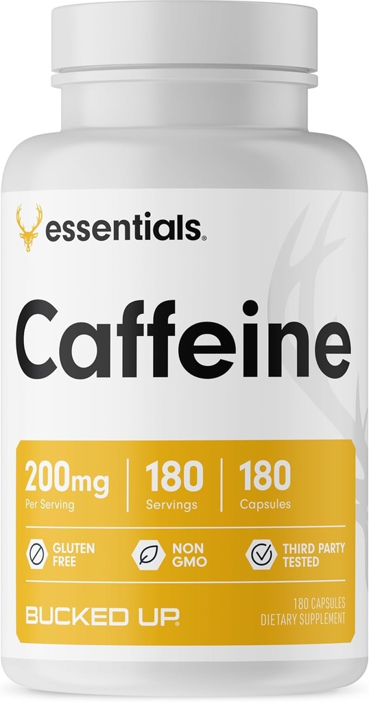 Caffeine 200mg Por Serving, Essentials (180 Servings, 180 Capsules)