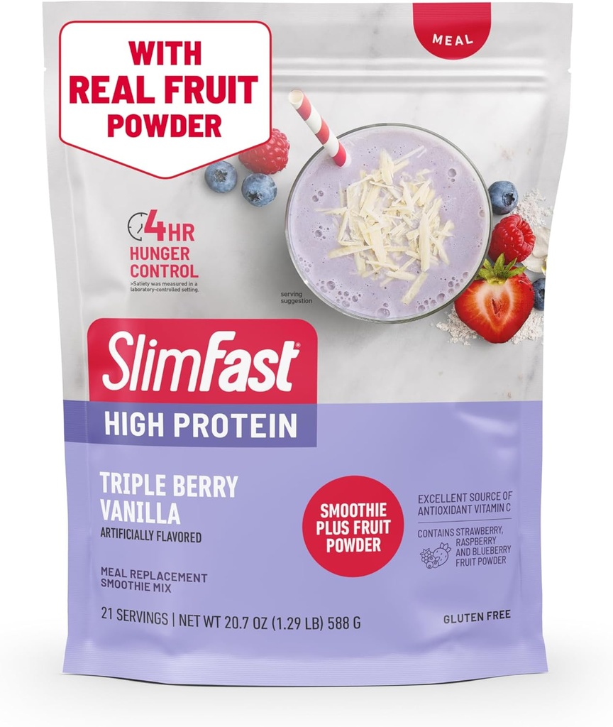 SlimFast High Protein Smoothie Mix Plus Fruit Powder, High Protein Meal Replacement Powder, Fiber, Vitamina C, 21 Servings, 1.29 libras, Triple Berry Vanilla (Packaging May Vary)