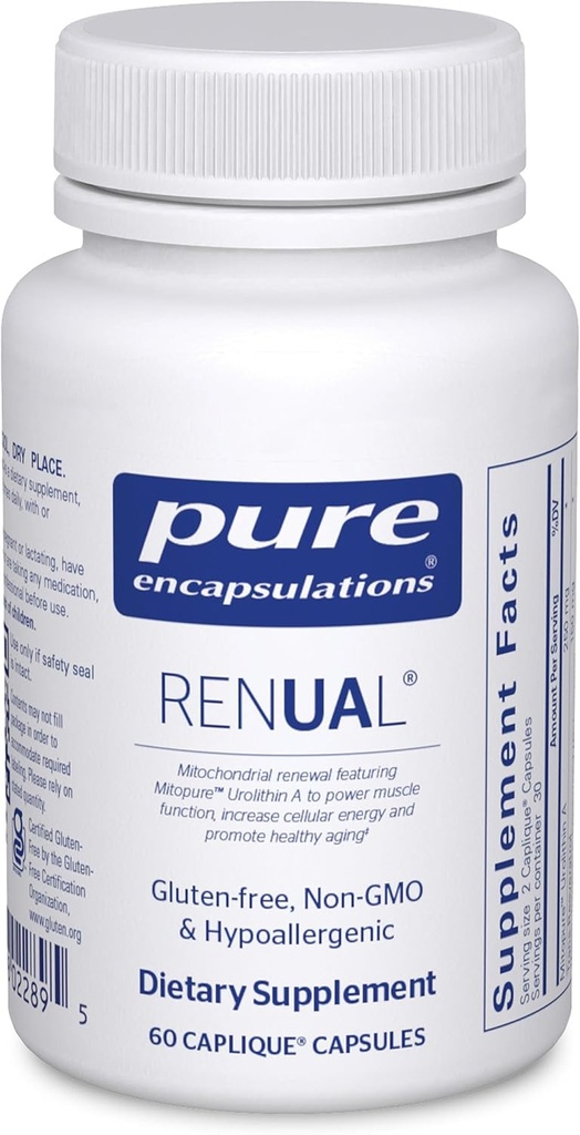 Encapsulaciones puras Renual ← Urolithin Un suplemento ← Apoyo para la Función del Musculo, Producción de Energía Celular, Salud Mitocondrial y Envejecimiento Saludable*  60 Capsules Caplique