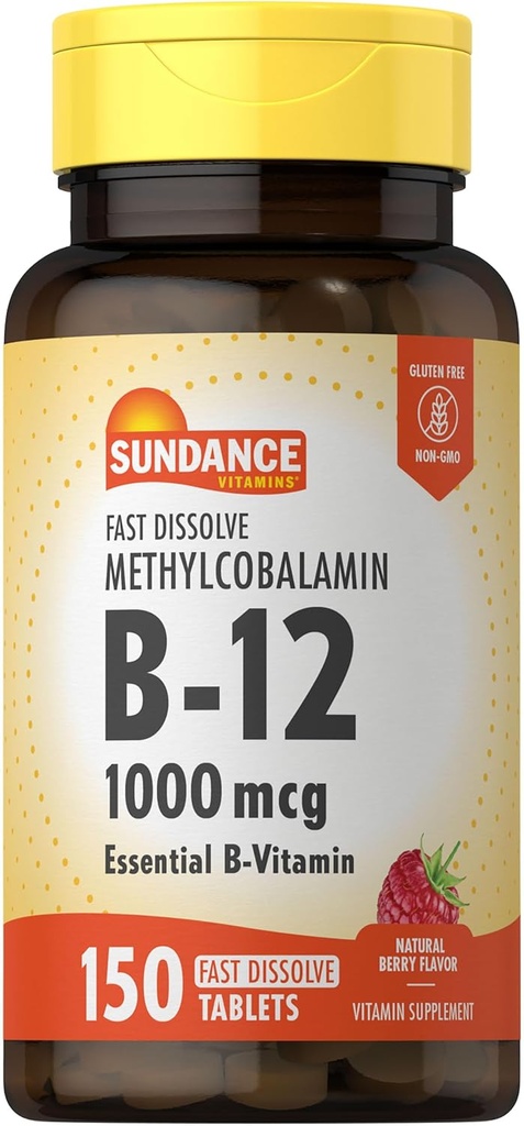 Sundance B-12 Methylcobalamin 1,000 mcg ← 150 Fast Dissolve Tablets ← Natural Berry Flavor ← Vegetarian, Non-GMO, y Gluten Free Essential Vitamin Supplement