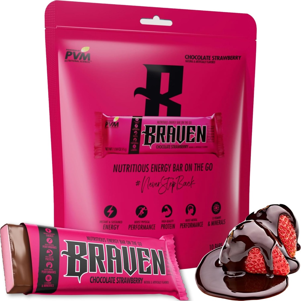 Bar Braven Bar Chocolate Strawberry Energy Bars (1.59 oz, Pack of 10) – Energy Chews with 5g Protein – On-the-Go Energy Snacks for Running, Hiking, and Sports - Gluten Free Snacks for Sustained Energy Boost