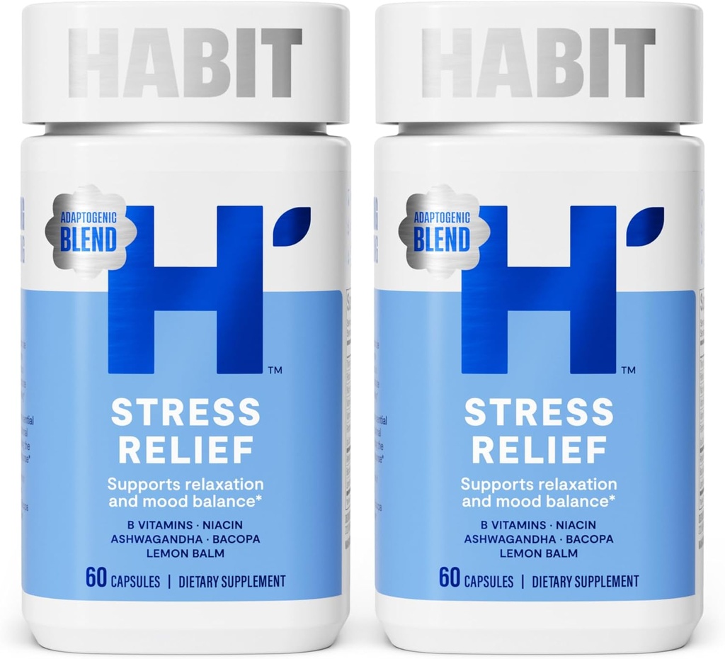 Habit Stress Relief Supplement 2 Pack (120 Capsules) - New Look, Supports Relaxation & Mood Balance, Vitamina B, Adaptogens, Lemon Balm, Calming, Vegan, Non-GMO