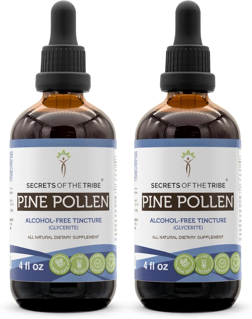Secretos de la Tribe Pine Pollen Alcohol-Free Tintura (Glicite) 697 mg Wildcrafted Pine Pollen (Scots Pine, Pinus sylvestris) Dried Pollen (2x4 Fl Oz) Testosterone Support Suplemento