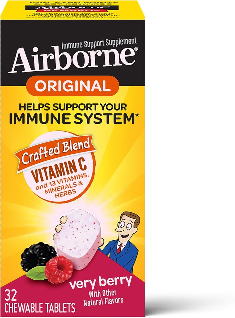 Airborne 1000mg Vitamin C Chewable Tablets With Zinc, Immune Support Supplement With Powerful Antioxidants Vitamins A C & E - 32 Chewable Tablets, Very Berry Flavor