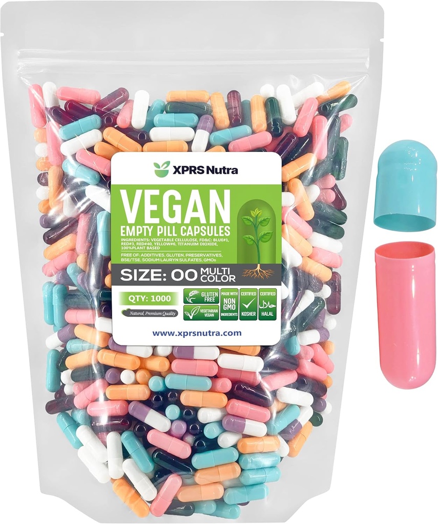 XPRS Nutra Tamaño 00 Empty Capsules - 1000 Conde Vacío Cápsulas Vegan - Láminas Vacío Vegetarianas - DIY Cápsula Vegeta Filling- Veggie Pill Caps (Multi Color)