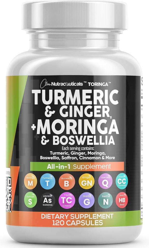 Nutracéuticos limpios Turmeric Moringa Suplemento Silencio Ginger Boswellia Saffron - Suplemento para mujeres y hombres con canela de Ceylán, cereza de tarta, Nettle de ajo de quercetina