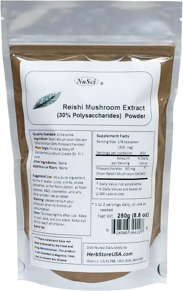 Reishi Mushroom Extracto Polvo Estándarizado 30% Polisacáridos 250 Gramos (8.8 oz)