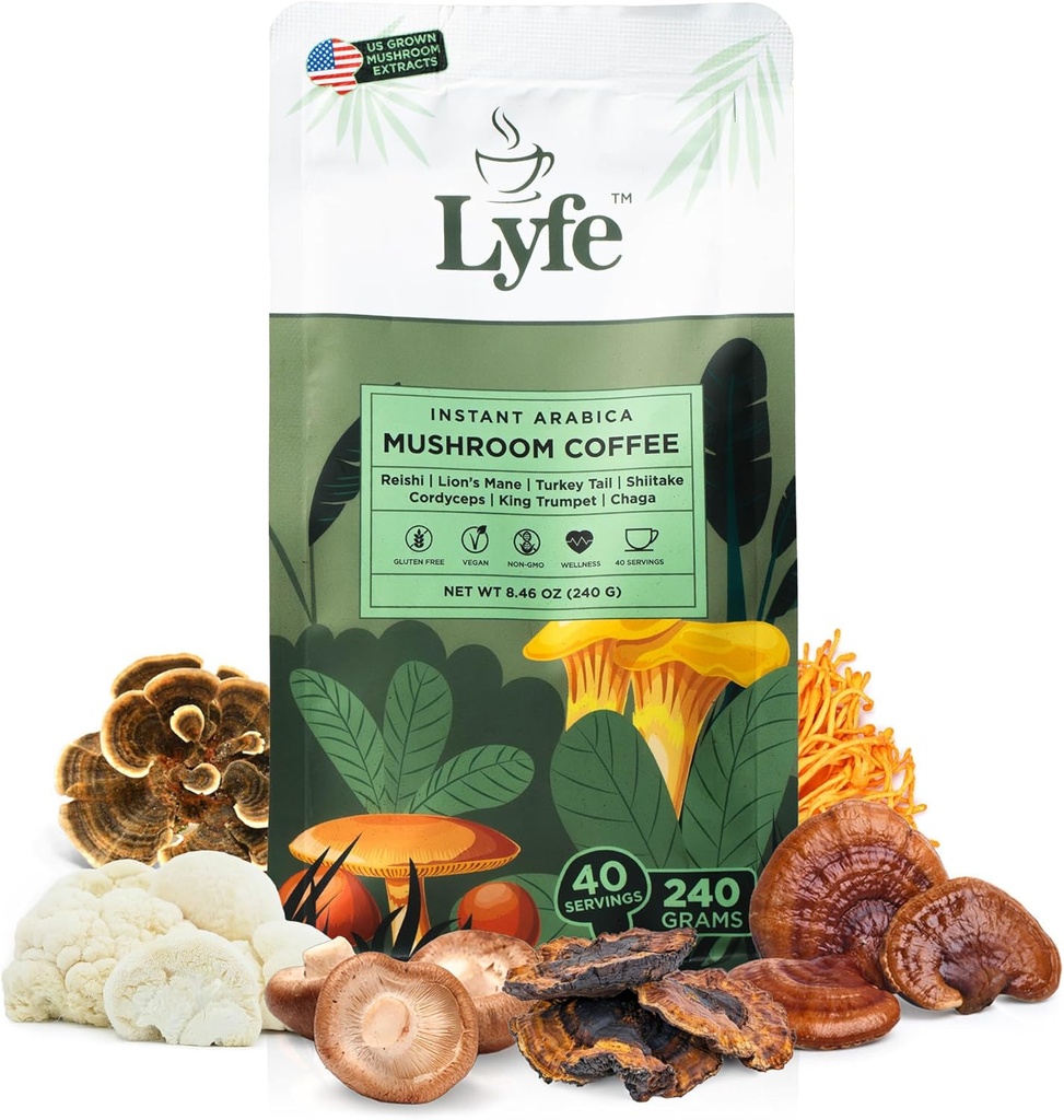 LYFE Organic Instant Mushroom Coffee – Lion’s Mane, Chaga, Cordyceps, Turquía Tail  USA Grown Adaptogenic Mushrooms for Better Energy, Focus, Gut Health, Immunity – 40 Servings