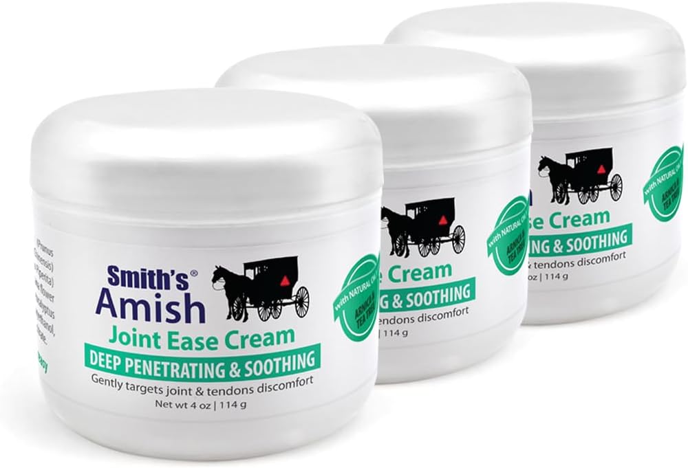 Smith's Amish JointEase Soothing Cream 3 Pack (Three 4 oz Jars) with Arnica, Tea Tree, Eucalyptus, Peppermint and Rosemary