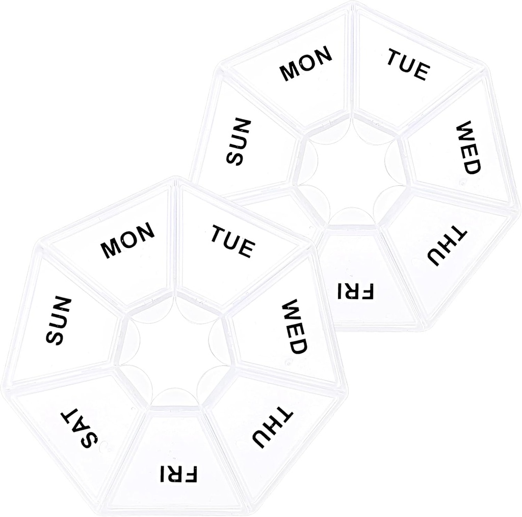 Sibba Organizador de 7 días de píldoras, 2 Pcs Caja de píldoras de medicina, Titular de píldoras diarias, Titular de contenedores de carga portátil para bolsillo o púrpura, Planificador de medicina para vitaminas Aceite de pescado, Suplementos(Clear)