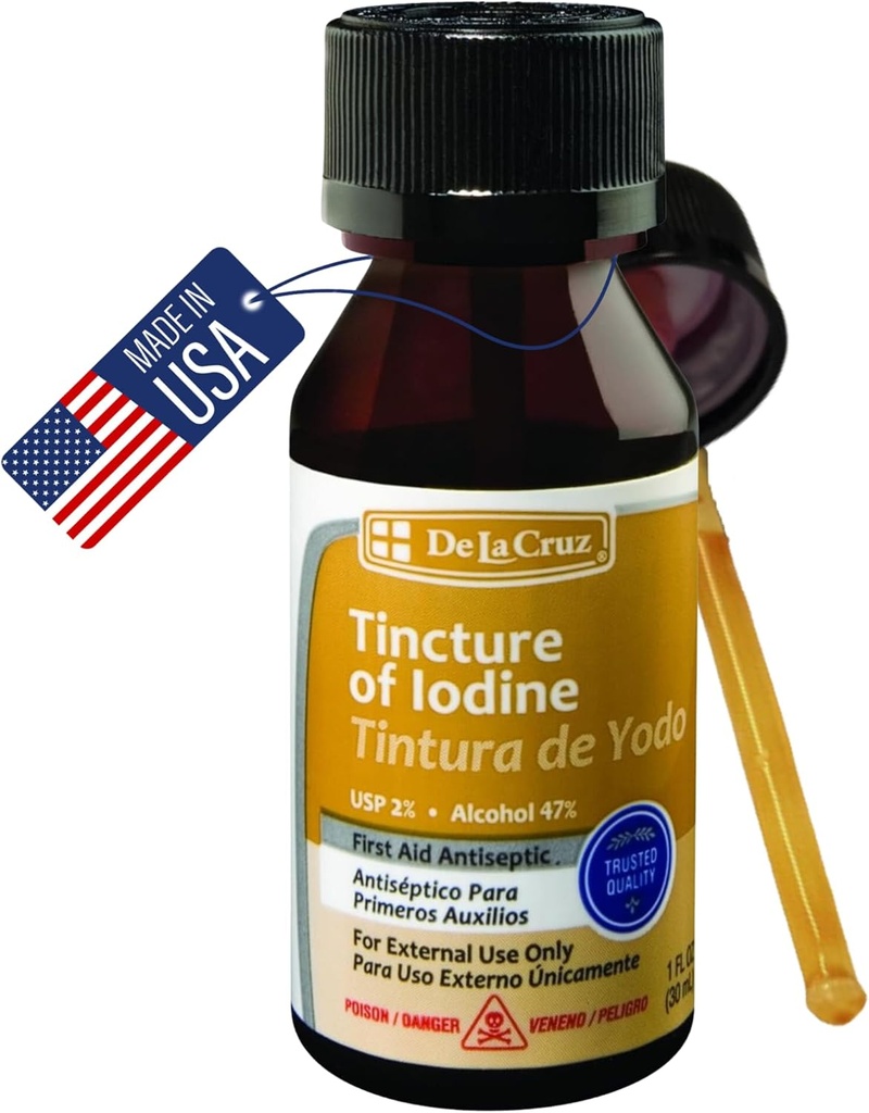 De La Cruz 2% Iodine First Aid Antiseptic, Made in USA 1 FL OZ (1 Botella)