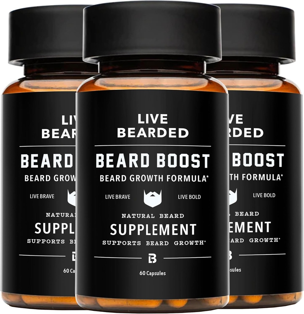 Boost de barba en vivo - Crecimiento de barba Vitaminas para hombres con biotina, colagen, silica, raíz de chorro de espuma - Crecimiento facial del cabello para hombres, hecho en los EE.UU.