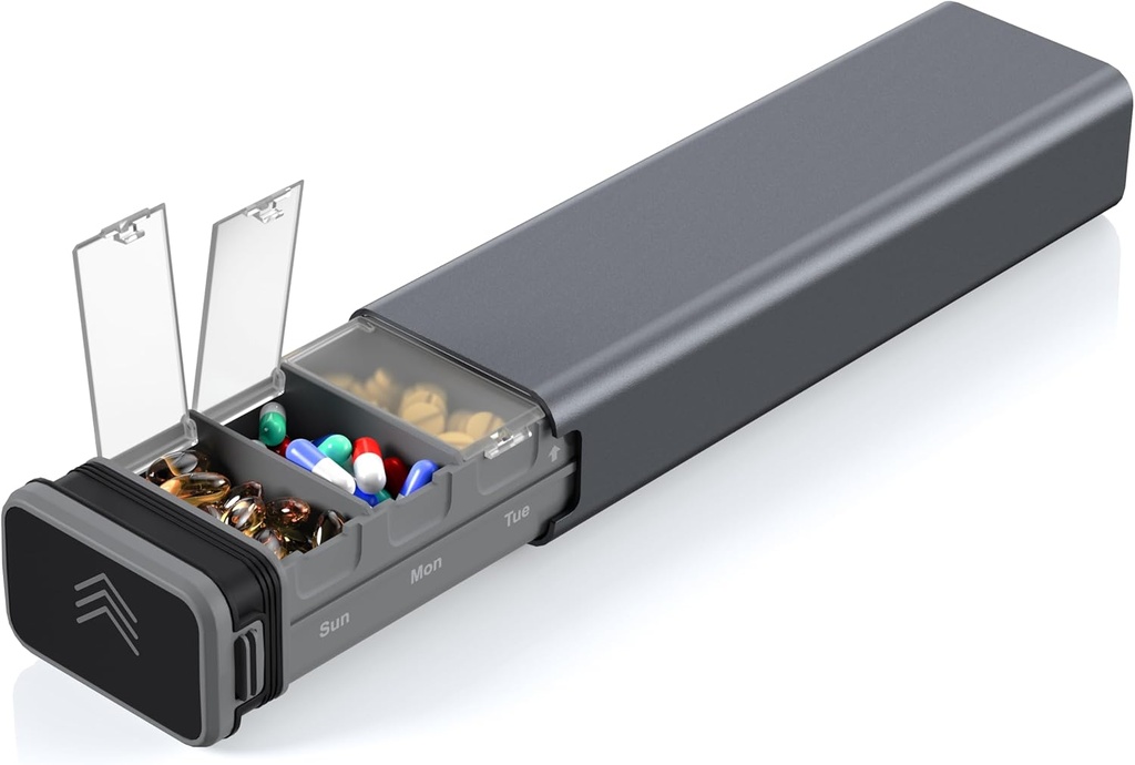7 días organizador semanal de la píldora del metal Viaje, Kursoaya Premium Aluminio Caja de píldoras diarias, Cute caja de píldoras portátiles, gran capacidad de retención de la píldora para suplementos, píldoras, vitaminas, medicina (Steel Grey)