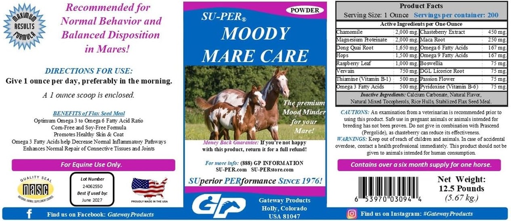 SU-PER Moody Mare Care Powder - Herbal Equine Horse Supplement with Chasteberry &amp; Maca Root - 12,5 lbs