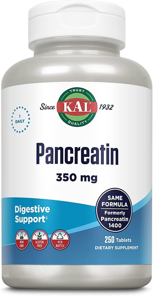 KAL Pancreatin 350mg, Digestive Enzymes for Women and Men, Pancreatic Enzymes for Digestive Health Support, Gluten Free, Non-GMO, Rapid Disintegration, 60-Day Guarantee, 250 Servings, 250 Tablets