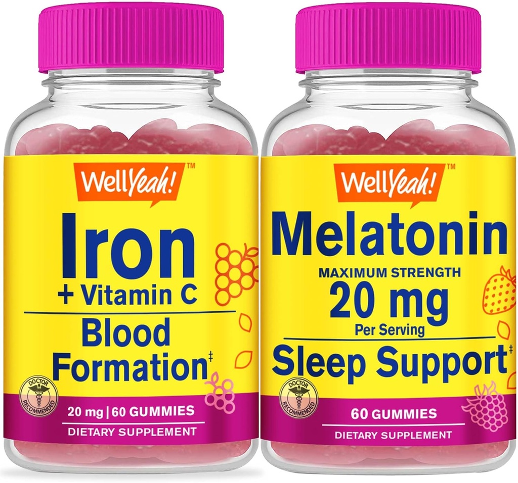 WellYeah Iron+Vitamin C + Melatonin 20mg, Gummies Bundle - Great Tasting, Vitamin Supplement, Gluten Free, GMO Free, Chewable Gummy