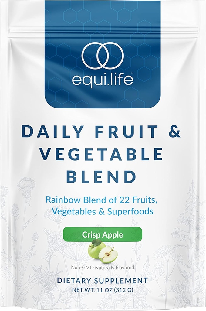 Equilife Daily Fruit & Vegetable Blend, Superfood Antioxidant Supplement, Crisp Apple Flavor with Vitamin C, Fiber, and 9 Essential Amino Acids, Supports Energy, Low Sugar, Vegan, 30 Servings
