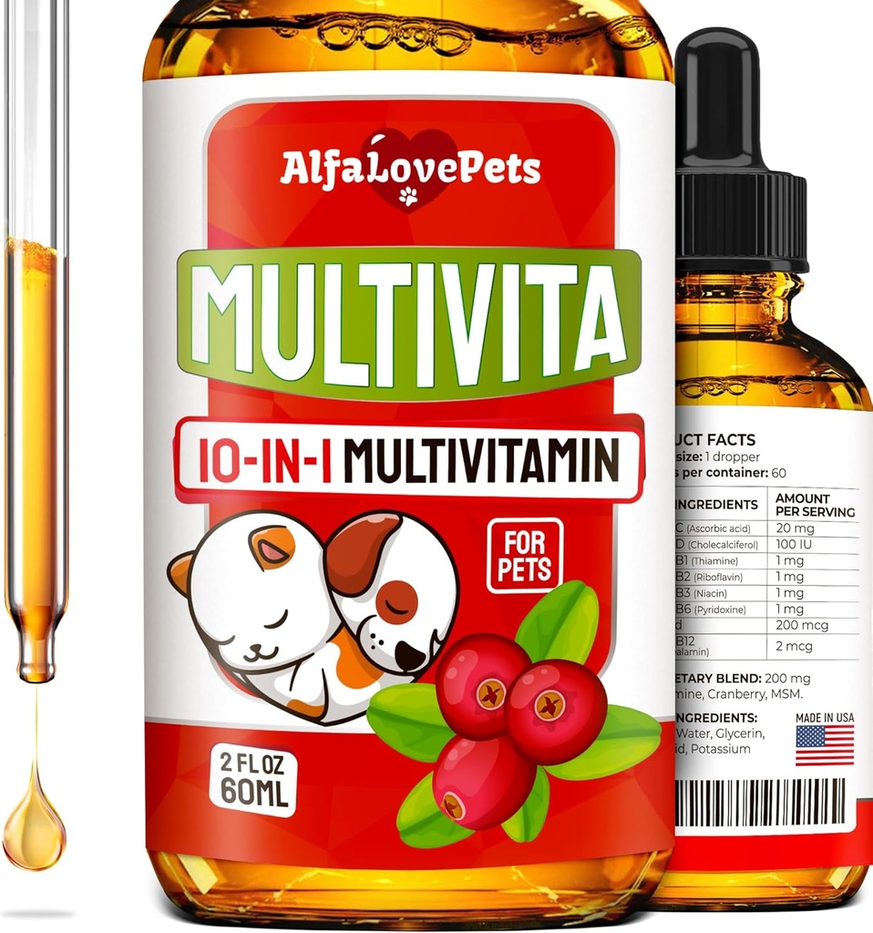 Multivitamina líquido para perros – Multivitaminas de gato para gatos de interior – Complejo de 10 en-1 Vitaminas de perros líquidos B, C, D3 – Digestión, orina, unión de caderas, piel y carne – Sabor de arándano – 2 Oz